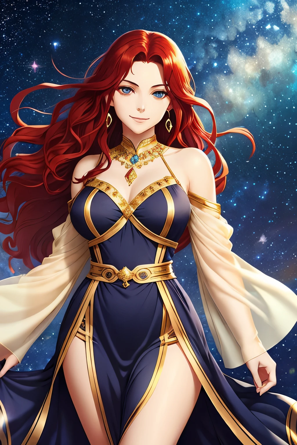 woman, ivory skin, hair is red, hair is long and wavy, eyes green, wears black Grecian robes with thigh windows, long flowing sleeves with shoulder windows, lots of very decorative jewelry, smirking expression, starry sky background