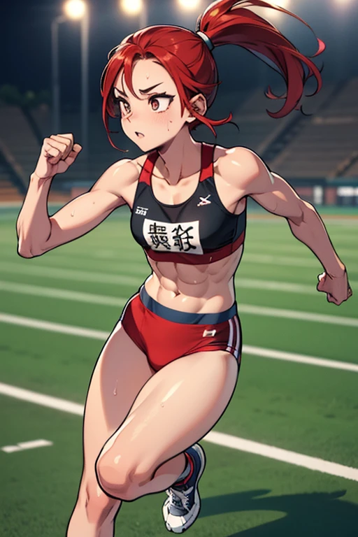 masterpiece、8K、beautiful girl,Athletics stadium at night、sunny,track and field athlete,running in a hurry,Clearly depict the contours of the face,Clearly depict the contours and colors of the eyes,Describe the whole body,beautiful posture,red hair、Sweat、oily skin、ponytail、fine skin、abs、Both hands clenched into fists、left foot in front of body、right foot behind body、Right arm in front of the body、Bend your left arm at a right angle behind your body、running shoes、Chest is small、Both arms bent at right angles