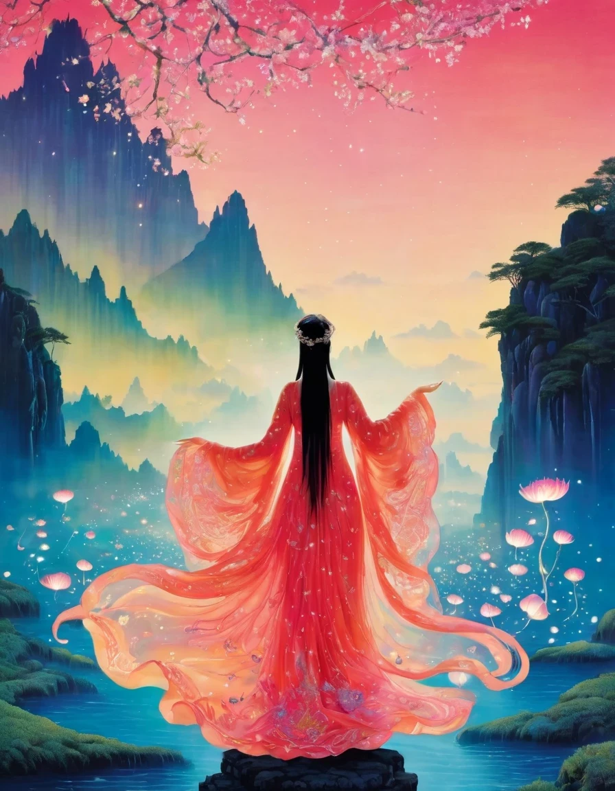 1Beautiful girl standing in the waves of leuchtender Text，leuchtender Text，Wunderschön surreal,   Magie, Orientalismus, Illustrationen von Kay Nielsen ，Ryan McGinley (Pipilotti Rist))