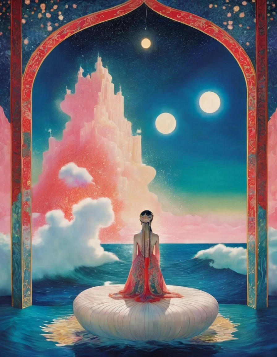 1Beautiful girl standing in the waves of texto brillante，texto brillante，hermoso surrealista,   magia, orientalismo, Ilustraciones de Kay Nielsen ，Ryan McGinley (Cruz Pipilotti))