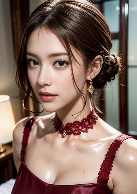 8K, Raw photo, fujifilm, Beautiful 45 year old woman style photo, square face, red rose on neck, wearing a red and black lace dr...