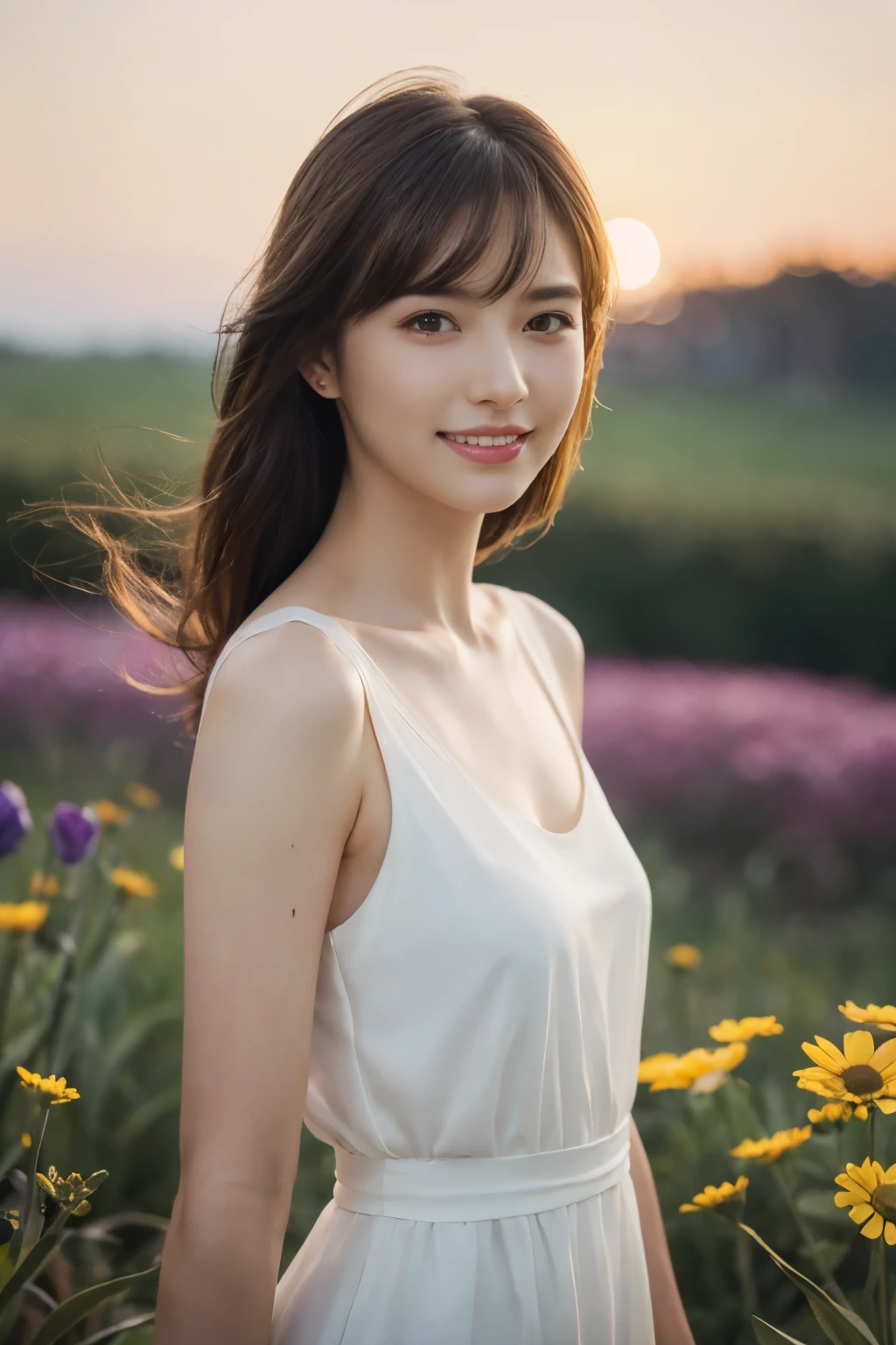 ((table top:1.4, highest quality)), (realistic pictures:1.4), 
((1 girl)), (Pure actress), (dream-like),
(超High resolution:1.2), very delicate and beautiful, wonderful, Highly detailed CG Unity 8K wallpaper, Super detailed, High resolution, 
soft light, beautiful detailed girl, highly detailed eyes and face, beautifully detailed nose, beautiful and detailed eyes, 
(wear a light white dress:1.3), 
cinematic lighting, perfect anatomy, slender body, (parted bangs),
(A girl standing in a meadow at night:1.3), (night view:1.3), (A field of flowers々), (A huge number of flowers々), (outdoor), (flower々light up part of), (contrast of light and dark), (fantastic beauty),
cowboy shot, looking at the viewer, smile
