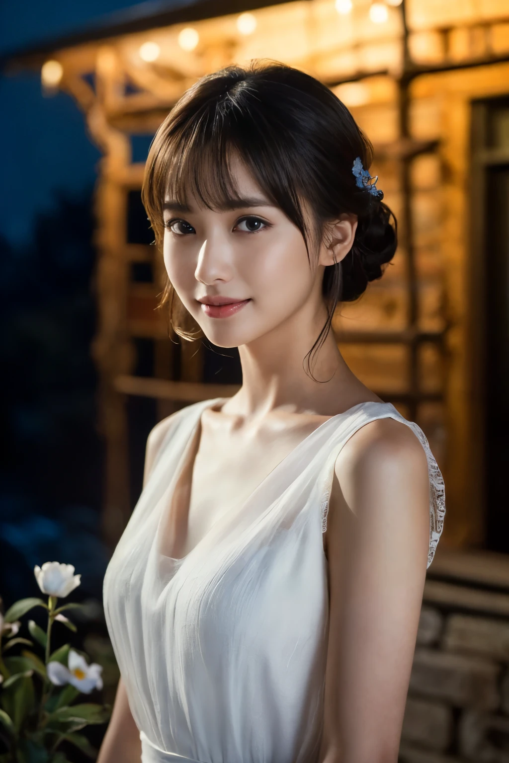 ((table top:1.4, highest quality)), (realistic pictures:1.4), 
((1 girl)), (Pure actress), (dream-like),
(超High resolution:1.2), very delicate and beautiful, wonderful, Highly detailed CG Unity 8K wallpaper, Super detailed, High resolution, 
soft light, beautiful detailed girl, highly detailed eyes and face, beautifully detailed nose, beautiful and detailed eyes, 
(wear a light white dress:1.3), 
cinematic lighting, perfect anatomy, slender body, (parted bangs),
(A girl standing on a plateau at night:1.3), (night view:1.3), (A flower blooming in the dark night々the moonlight illuminates), (outdoor), (contrast of light and dark), (fantastic beauty),
cowboy shot, looking at the viewer, smile
