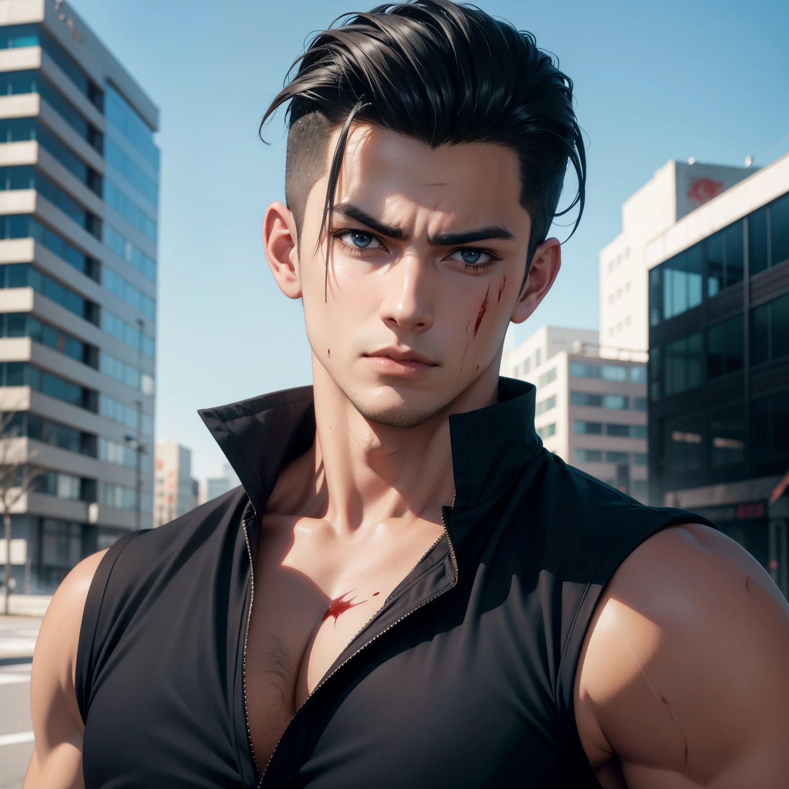 Realistic Anime style, Handsome boy, cool boy, serious face, torn Black shirt, Slicked Back hairstyle, Several blood wounds on his face, Background of destroyed buildings