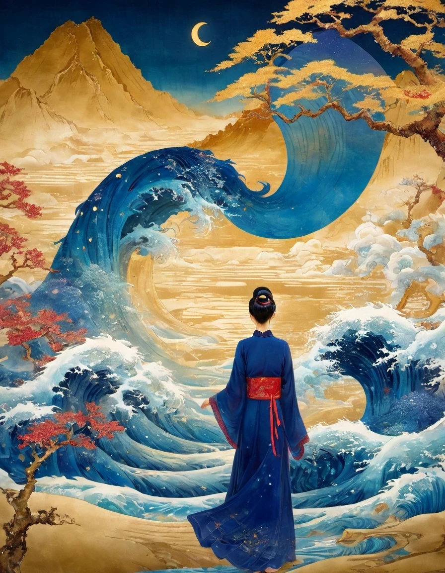 Glowing text waves with a beautiful Dunhuang flying girl standing in the background, glowing waves text, beautiful surreal, magical, orientalist, illustration by Kay Nielsen, Ryan McKinley (Pipilotti Cross), nestled in the undulating ripples, Dunhuang art style, illustration,, extremely fine brush strokes, soft and smooth, chinese red and indigo, on a background of gold leaf! Chinese red and indigo, on a background of auspicious clouds painted on gold foil. Vintage, shabby, fresca.in style of data visualization design, portrait, beautiful detailed