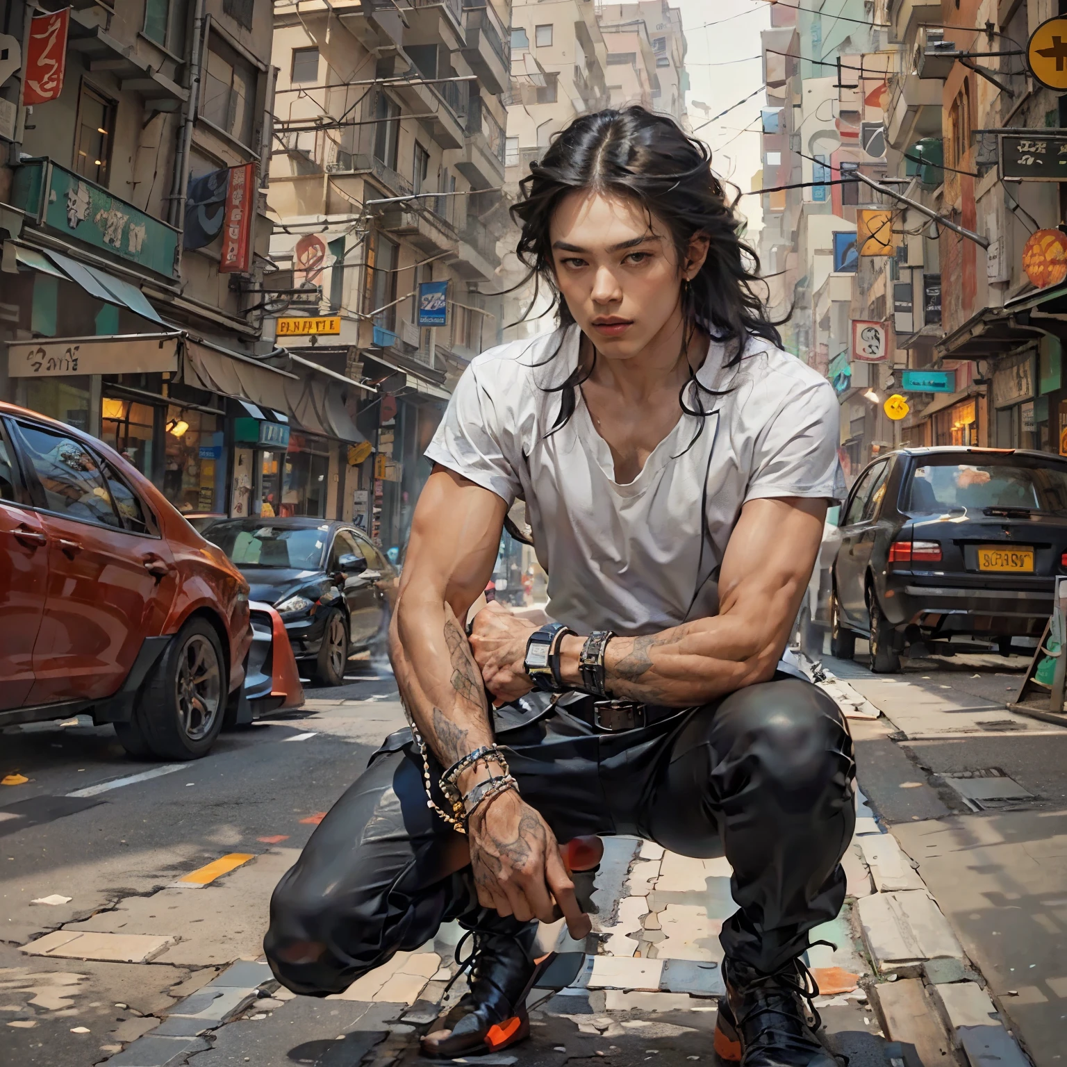 City street-metropolis. 1 young man crouched, modern, . masterpiece, Best quality (surrealism: 1.3), Big, quality, (masterpiece: 1.2), (realism: 1.2), (Best quality), (leather detail: 1.3), sunny day, 1 young man. Long black hair, young, modern clothes, sat down next to him. (Plain T-shirt, slim, strong body, sinewy hands, broad shoulders, tight pants, hands are decorated with belts, bracelets). ((expressive eyes)), Brown eyes, black hair. modern clothes (surrealism: 1.3), Big, high-quality, modern clothes. Hand-drawn realism.