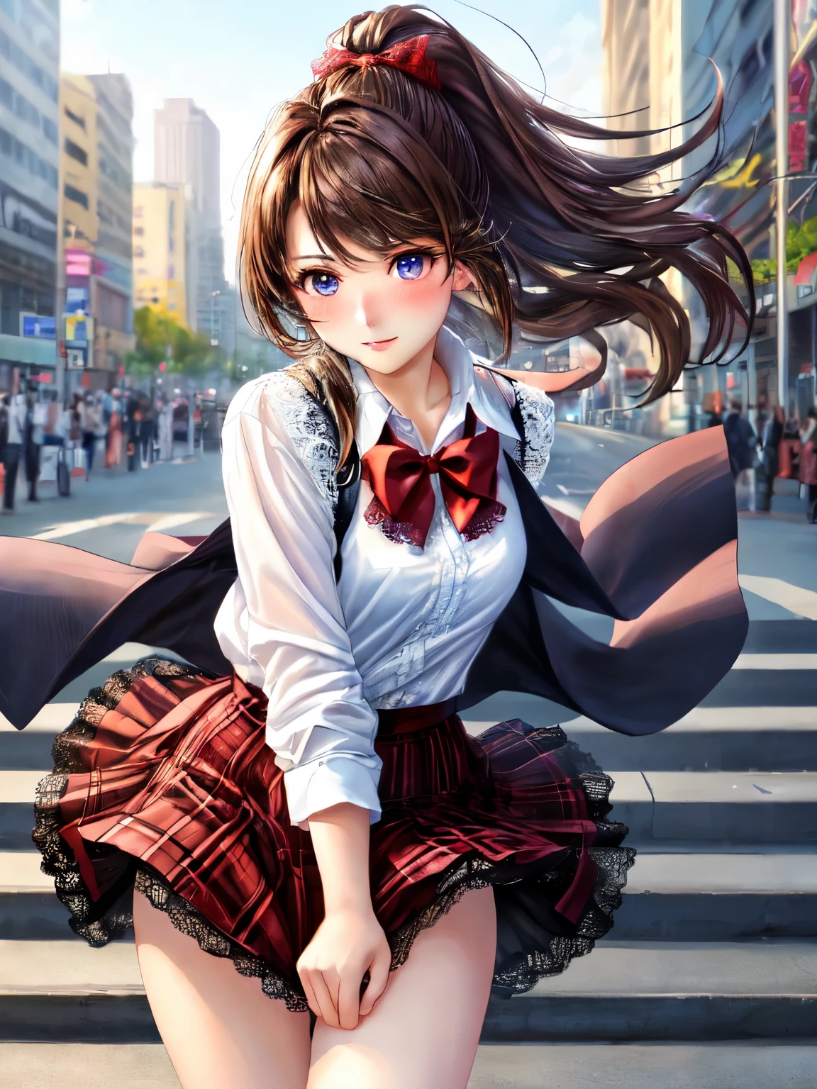 ((highest quality, High resolution, perfect pixel, 4k))), 1 woman, beautiful woman、I could see the whole body、walking down the subway stairs、lots of commuters、 ((ponytail, bangs, brown hair)), ((brown eyes, beautiful eyelashes, realistic eyes)), ((detailed face, blush:1.2))、((smooth texture:0.75, realistic texture:0.65, realistic:1.1, Anime CG style)), perfect body, ((red bow tie, Black open jacket, white shirt, plaid mini skirt)), embarrassing smile、 (The wind is blowing up my skirt:1.3)、(Panties with highly detailed and luxurious decorative lace、white lace satin panties:1.3), Diagonal side angle, dynamic angle