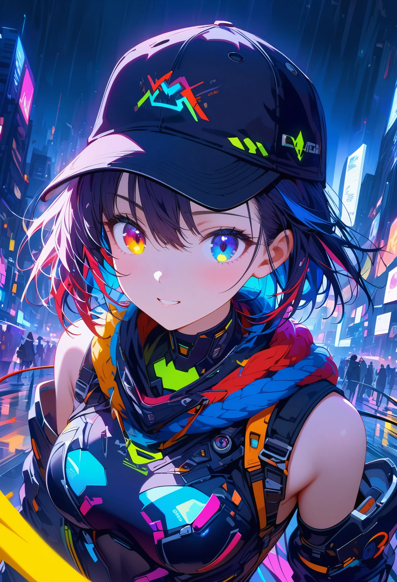 {{​Masterpiece,best work}}, top quality, Ultra-detailed CG Unity,8k wallpaper, lens flare, (Detailed beautiful eyes),particle,Miss,Berry short hair,cool face,((Colorful mechanical wool)),rainbow eyes,Heterochromia of the iris,Big deal,Black Purple Body,Inorganic black headwear,(Perfect Body),cyberpunk,Inorganic decoration,Body,cable,low angle,Whole BodyEsbian,a sexy,high heels boots,night city,rain,Eyes looking down,perfect hands.
