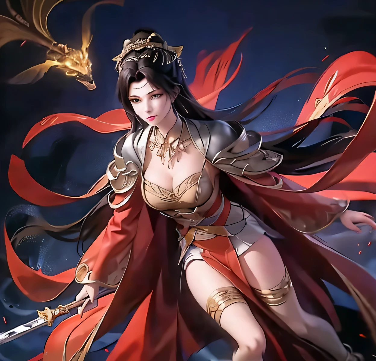 A woman in red clothes carries a sword on her back, xianxia hero, inspired by trees, full body xianxia, Inspired by Du Qiong, bian lian, Inspired by Cao Zhibai, Inspired by Zhu Lian, Inspired by Puhua, Inspired by Zhou Fang, lady in red armor, Queen of the Sea Mu Yanling