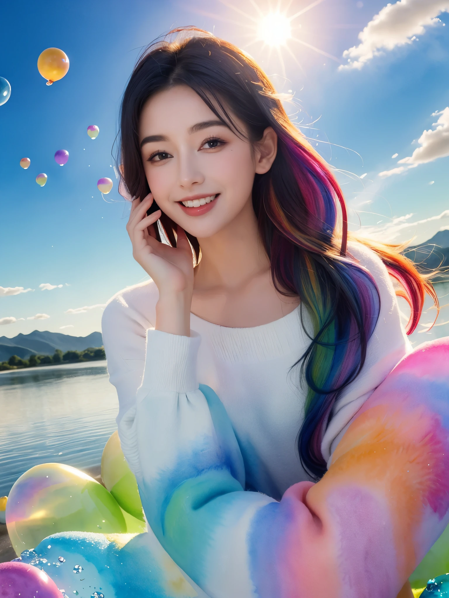 (masterpiece, top quality, best quality, watercolor (Moderate), official art, Beautiful and beautiful: 1.2), (1 girl: 1.3), (fractal art: 1.3), morning, Good morning, Smile, sunny, hapiness, look at the audience, pattern, waves, (Iridescent hair, rich and colorful Hair: 1.2), Sky, gas, cloud, rich and colorful, soap bubbles