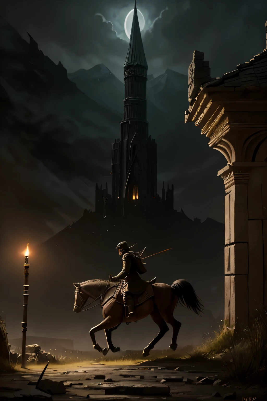 illustration inspired by the Lord of the Rings saga by J. R. R. Tolkien, draws an ancient city, an abandoned city flown over by nazgùl riding flat-nosed flying dragons. In the city they fight Unami against Trool. dark colours, war atmosphere.