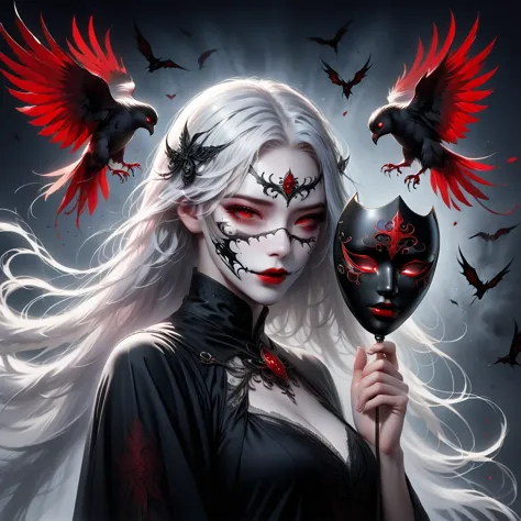 （hand holding mask：1.5），（white-haired ghost，straight hair，red eyes），（gothic art），（fear：1.5），（correct human anatomy：1.37）