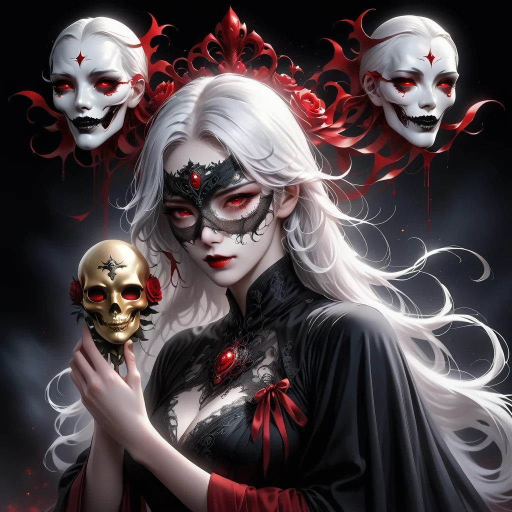 （Hand holding mask：1.5），（White-haired ghost，straight hair，Red eyes），（gothic art），（Fear：1.5），（correct human anatomy：1.37）