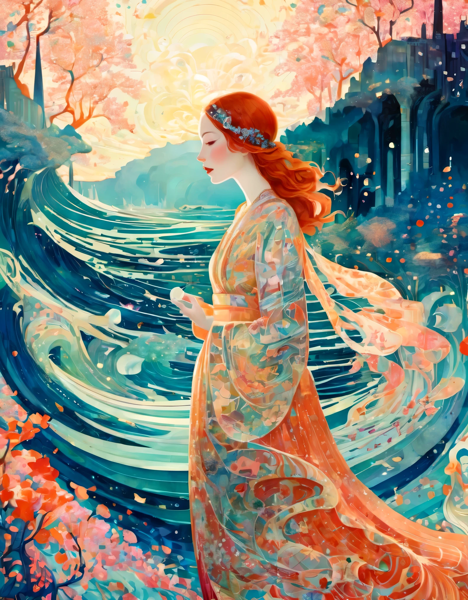 in style of Victo Ngai, beautiful details，in style of Marie Laurencin, beautiful details，1 Beautiful girl standing in glowing text waves，Beautiful surreal,   magic, orientalisme, (Kay Nielsen's (Kay Nielsen) Illustrations drawn by Ryan McGinley (Pipilotti Rist))，in style of Isometric, portrait, beautiful detailed