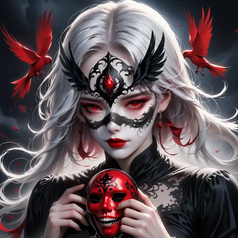 （hand holding mask：1.5），（white-haired ghost，straight hair，red eyes），（gothic art），（fear：1.5），（correct human anatomy：1.37）