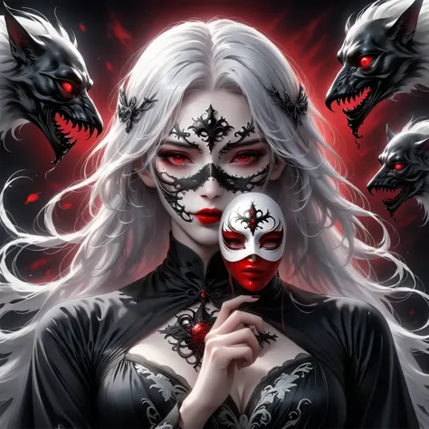 （hand holding mask：1.5），（white-haired ghost，straight hair，red eyes），（gothic art），（fear：1.5），（correct human anatomy：1.37）