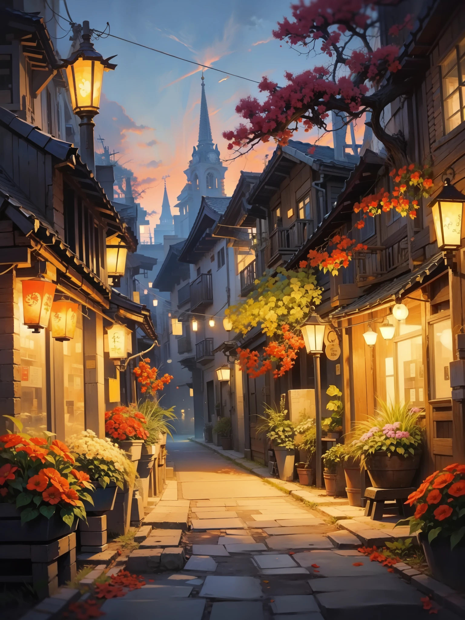 uma pintura de uma rua com lanternas e flores ao lado, anime arte de fundo, Papel de parede de arte anime 8K, linda cena de animery, Papel de parede de arte anime 4k, Papel de parede de arte anime 4k, arte de fundo, Fundo da cidade, cenário detalhado -, Rua Itália, fundo de rua, arte de cenário, uma movimentada cidade mágica, fundo de anime, linda cena de anime