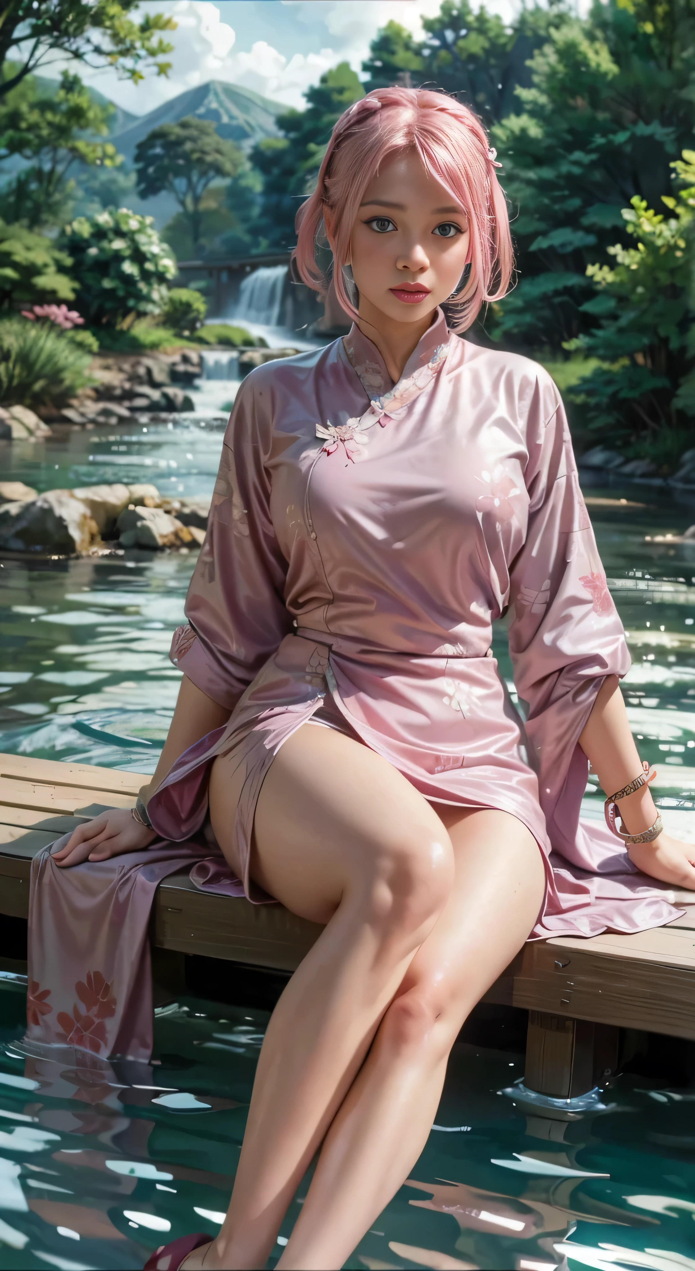 Sitting on a bridge full of river lanterns, feet playing in the water, the art depicts a charming woman dressed in a sakura flowing, silky traditional oriental dress, pink, decorated with intricate patterns and bright colors. Her dress drapes elegantly over her curvy figure, accentuating her seductive silhouette. She sits gracefully by the tranquil lotus lake, her feet playing in the water, bathed in the soft glow of the moonlight. The scene exudes an ethereal and dreamy atmosphere, with a touch of mystery and sexiness. The graphic style blends watercolor and digital illustration techniques to evoke a refined beauty and charm. The lights are filled with soft moonlight, casting soft highlights and shadows on her charming features. Bare thighs, big breasts, three-dimensional facial features, sitting, upturned legs, side braids , beautiful girl long pink hair and green eyes looks like sakura haruno from naruto