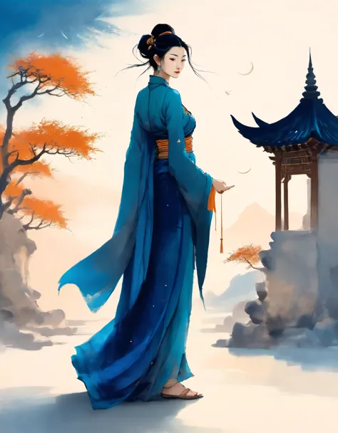 dunhuang art style illustration,blue tones,a tiny mysterious figure with traditional skirt standing onthe long ancient scroll wi...