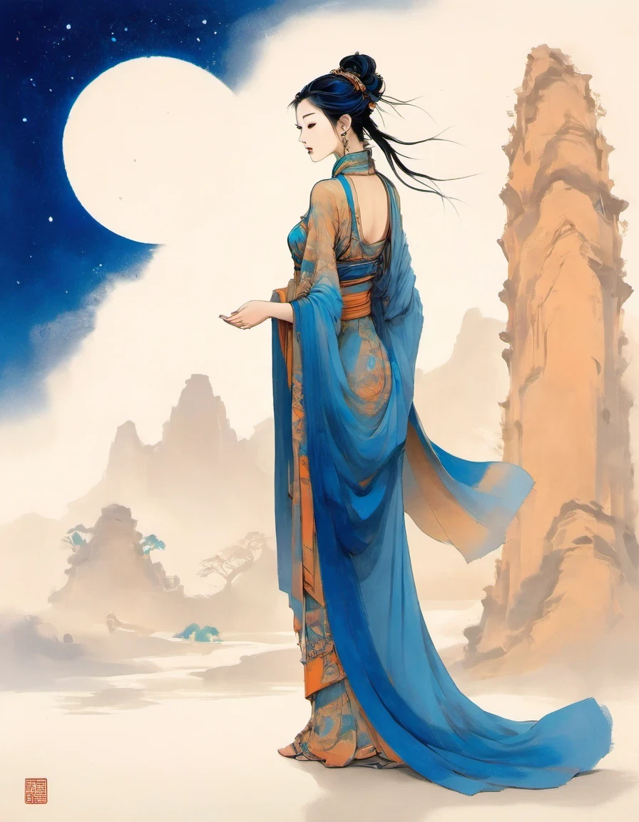 Ilustração do estilo de arte Dunhuang,tons azuis,uma pequena figura misteriosa com saia tradicional em pé sobre um longo pergaminho antigo com escrituras budistas,Era,as estrelas são brilhantes,deslumbrante,Luz e sombra,cor azul gradiente,Azul e Laranja,cenas super grandiosas,com movimentos fluidos,pinceladas extremamente delicadas,macio e suave,fundo limpo,pinturas históricas,Renderização 3D