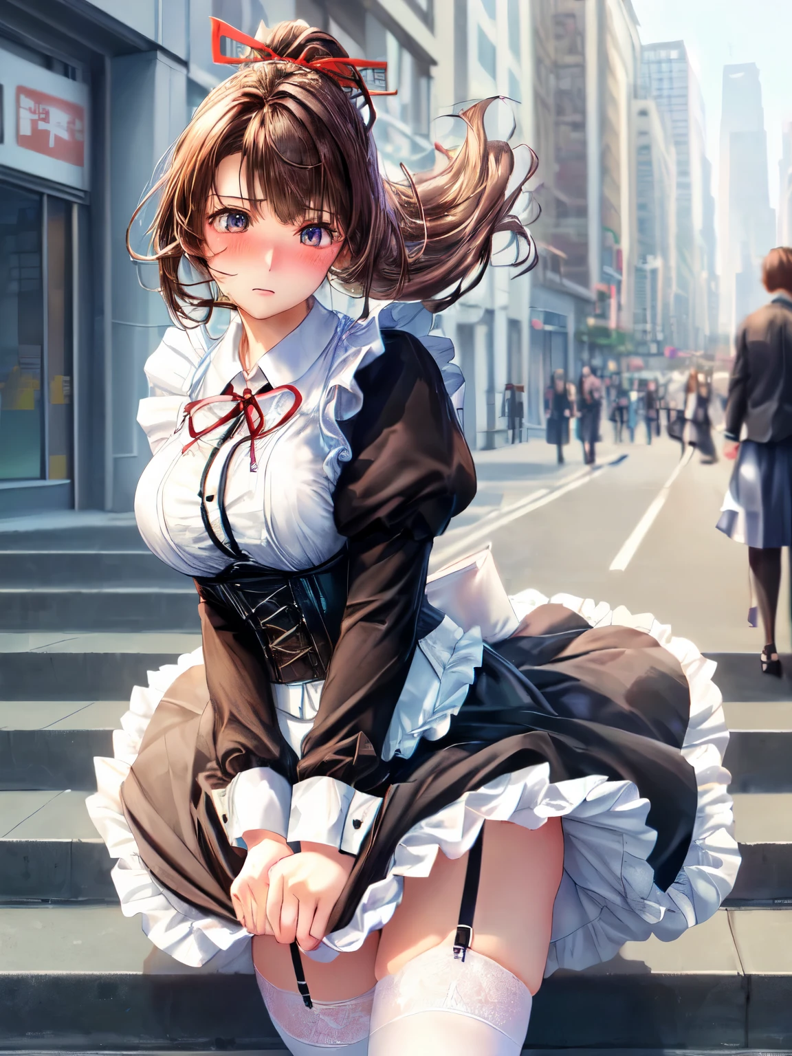 ((highest quality, High resolution, perfect pixel, 4k))), 1 woman, beautiful woman、I could see the whole body、walking down the subway stairs、lots of commuters、 ((ponytail, bangs, brown hair)), ((brown eyes, beautiful eyelashes, realistic eyes)), ((detailed face, blush:1.2))、((Anime CG style)), beautiful and big breasts、perfect body, ((red ribbon, white and black maid outfit, black corset, long skirt)), embarrassed expression、 (The wind is blowing up my skirt:1.3)、(white lace satin panties:1.2), (Hold the skirt with your hands:1.3), garter belt、knee socks、Diagonal side angle, dynamic angle、Naughty Wind、(erect nipples:1)