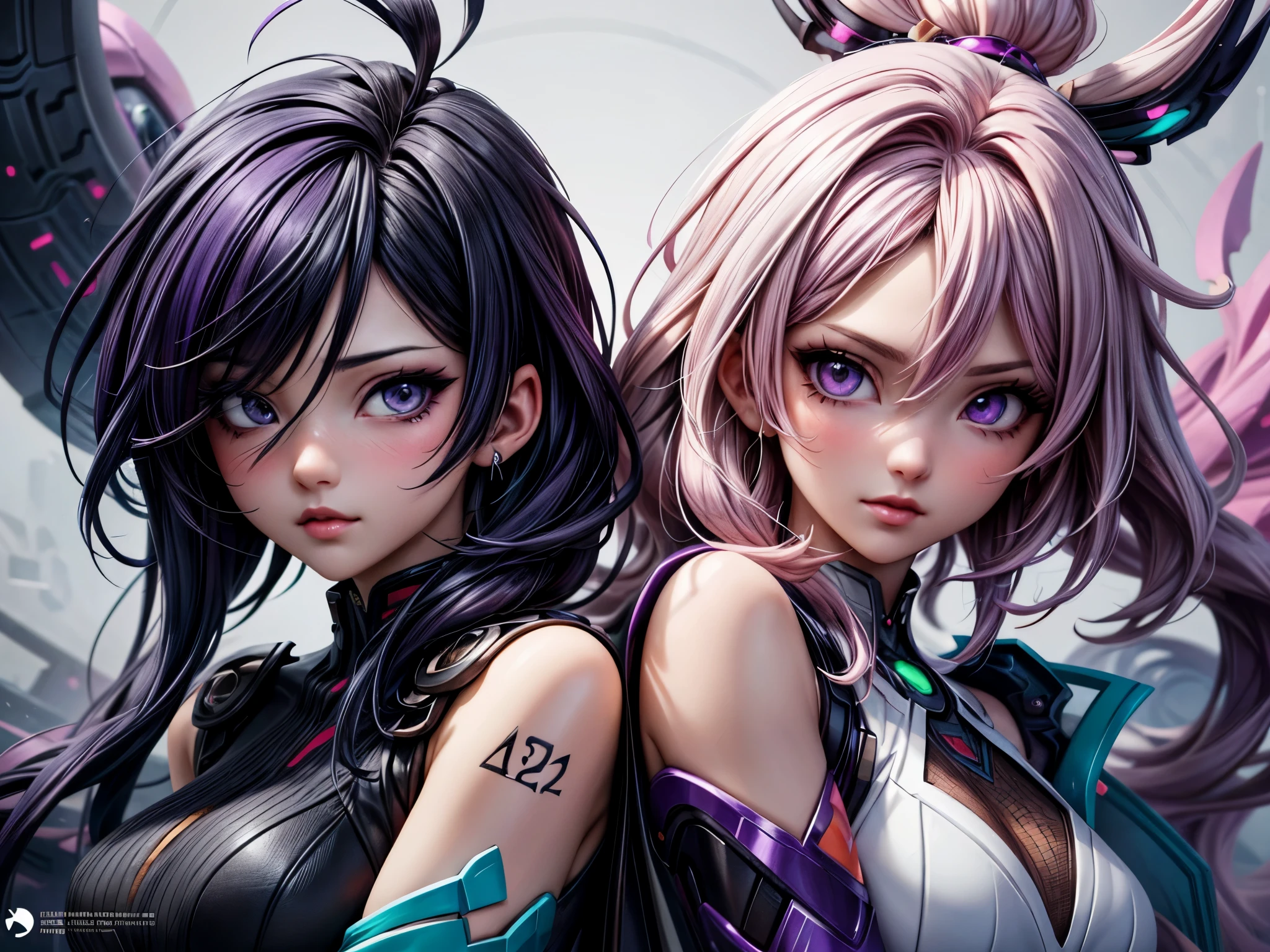 Anime - ilustração estilo de duas mulheres com cabelos roxos e cabelos pretos., lindos gêmeos de ficção científica, arte digital detalhada de anime, Arte estilo guache, artgerm e rossdraws, Wlop e Artgerm, Um patógeno RTM muito detalhado., artgerm e wlop, Estilo Argerm, arte detalhada de 8k de alta qualidade.