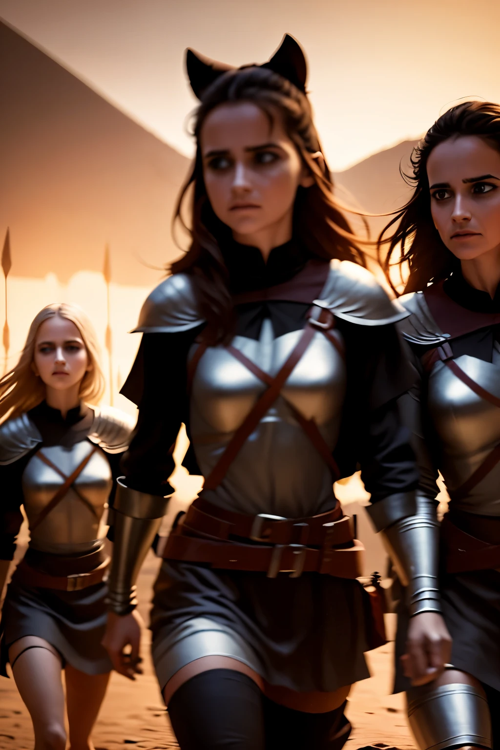 3 warrior girls in an ancient city, an abandoned city flown over by nazgùl riding flat-nosed flying dragons. In the city they fight Uman against Trool. dark colors, war atmosphere. illustration inspired by the Lord of the Rings saga by J. R. R. Tolkien