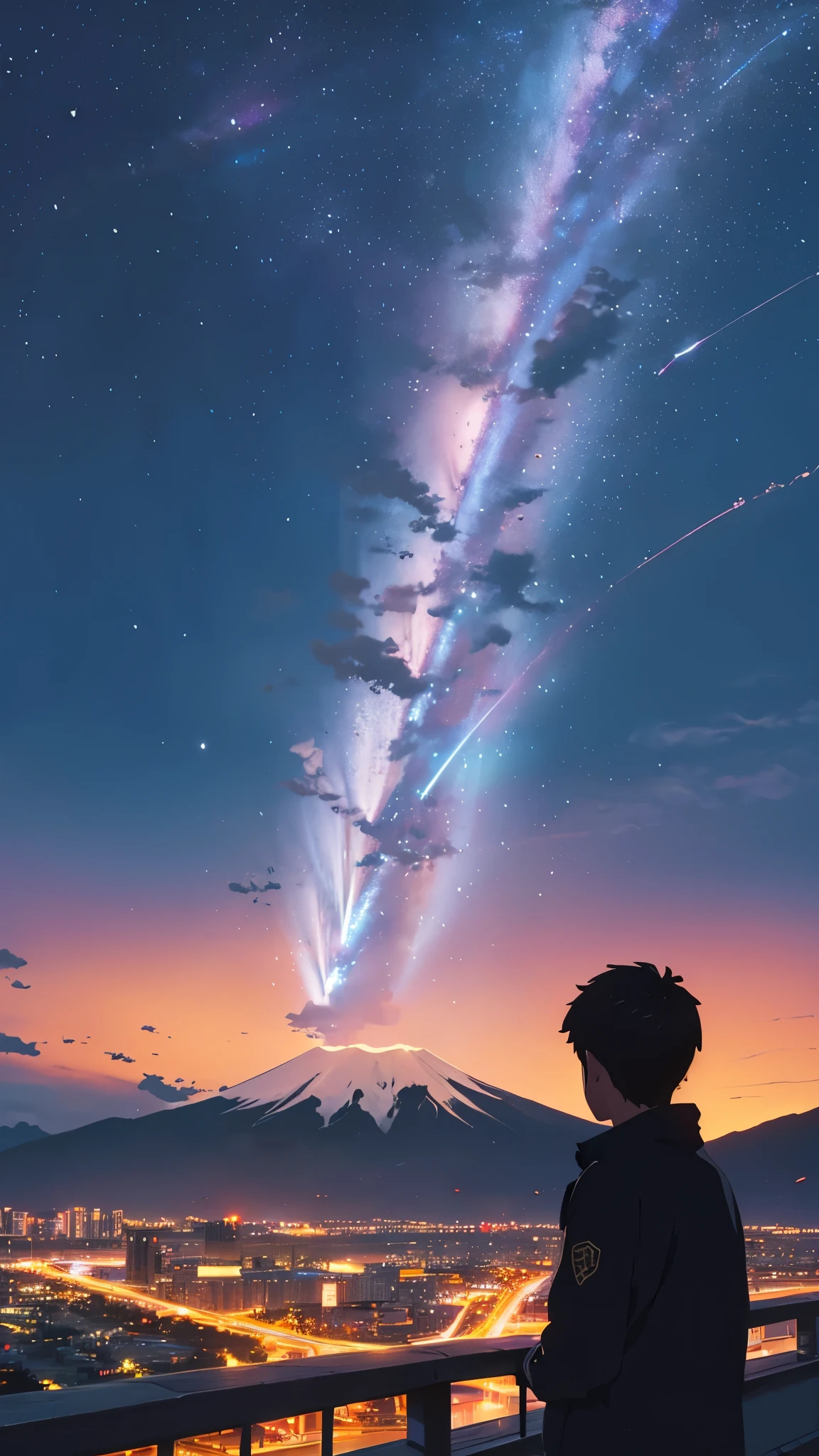 广阔而雄伟的天际线. 夜晚美丽的城市. 城市背后的大富士山. 天空中有流星. 特写镜头中，一个男孩正在仰望天空. 天空非常非常美丽