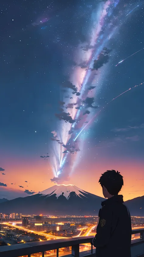a vast and majestic skyline. a beautiful city at night time. big mount fuji behind the city. in thee sky there are meteors. a boy in close up is looking at the sky. the sky is very very beautiful