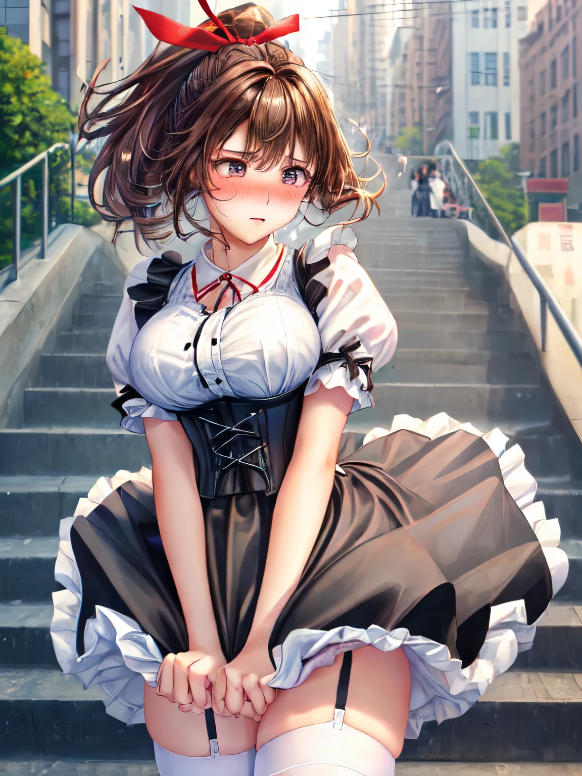 ((highest quality, High resolution, perfect pixel, 4k))), 1 woman, beautiful woman、I could see the whole body、walking down the subway stairs、lots of commuters、 ((ponytail, bangs, brown hair)), ((brown eyes, beautiful eyelashes, realistic eyes)), ((detailed face, blush:1.2))、((Anime CG style)), beautiful and big breasts、perfect body, ((red ribbon, white and black maid outfit, black corset, White and black apron maid style long skirt)), embarrassed expression、 (The wind is blowing up my skirt:1.3)、(white lace satin panties:1.2), (Hold the skirt with your hands:1.3), garter belt、knee socks、Diagonal side angle, dynamic angle、Naughty Wind、(erect nipples:1)