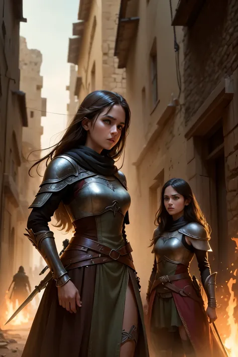 warrior girls in an ancient city, an abandoned city flown over by nazgùl riding flat-nosed flying dragons. in the city they figh...