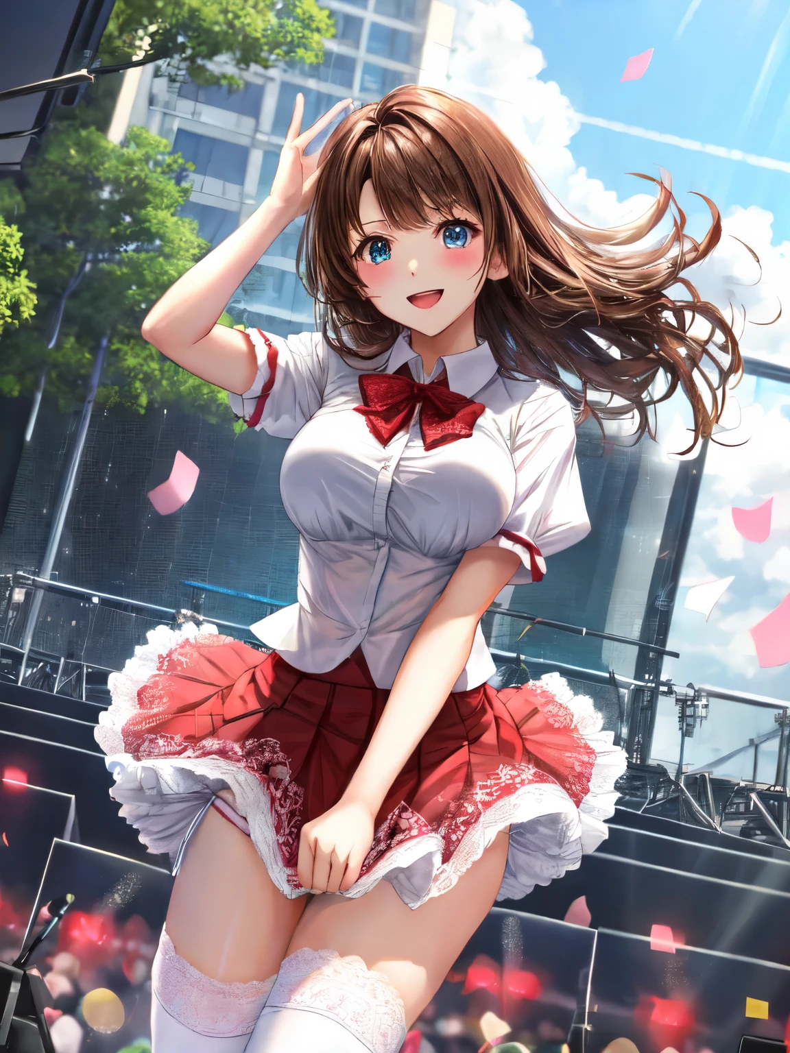 highest quality、All limbs、full finger、Slender beauty、brown hair、Dereste、red, White and red idol costume、knee socks、beautiful big breasts、live stage、sing、holding a microphone, dancing、big smile、(white horizontal lace panties:1.1), (skirt lift:0.97), (shirt lift:0.96), show off panties、(show off bra:0.94), embarrassed expression、 (The wind is blowing up my skirt:1.3), dynamic angle、Naughty Wind、(erect nipples:1)