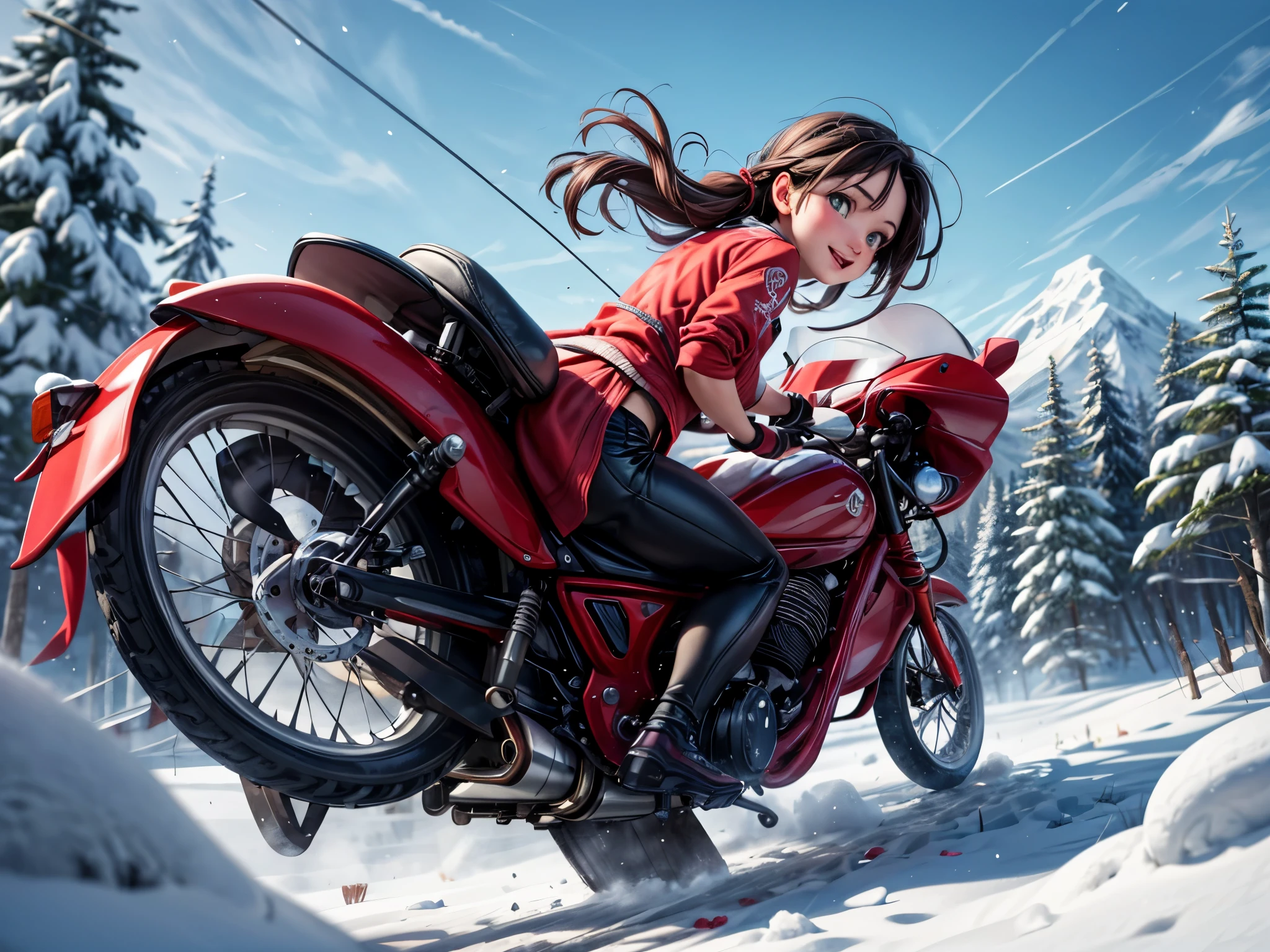 Girl riding a red Dala horse There is a beautiful wire., Dalana, Swedish, Running cheerfully in the snow , contemporary art, Photorealistic , Very high resolution artwork , 8K , Snow Mountain, pine forest, bright blue sky