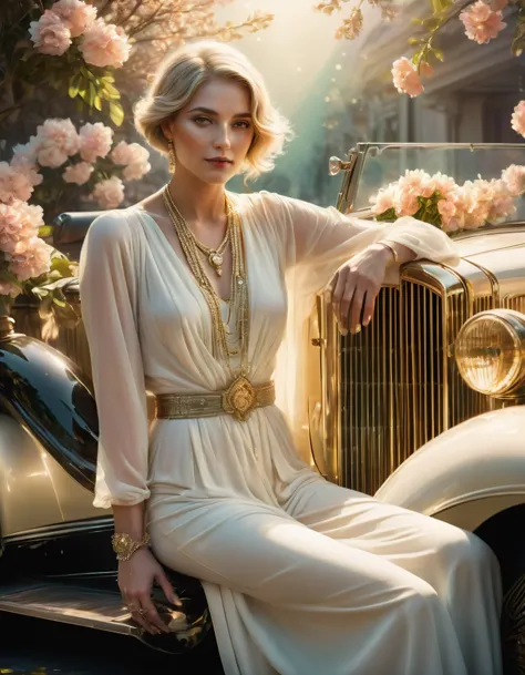 1920s woman leaning on a vintage car, bathed in the soft hues of spring amid a profusion of flowers, adorned in gold jewelry ref...