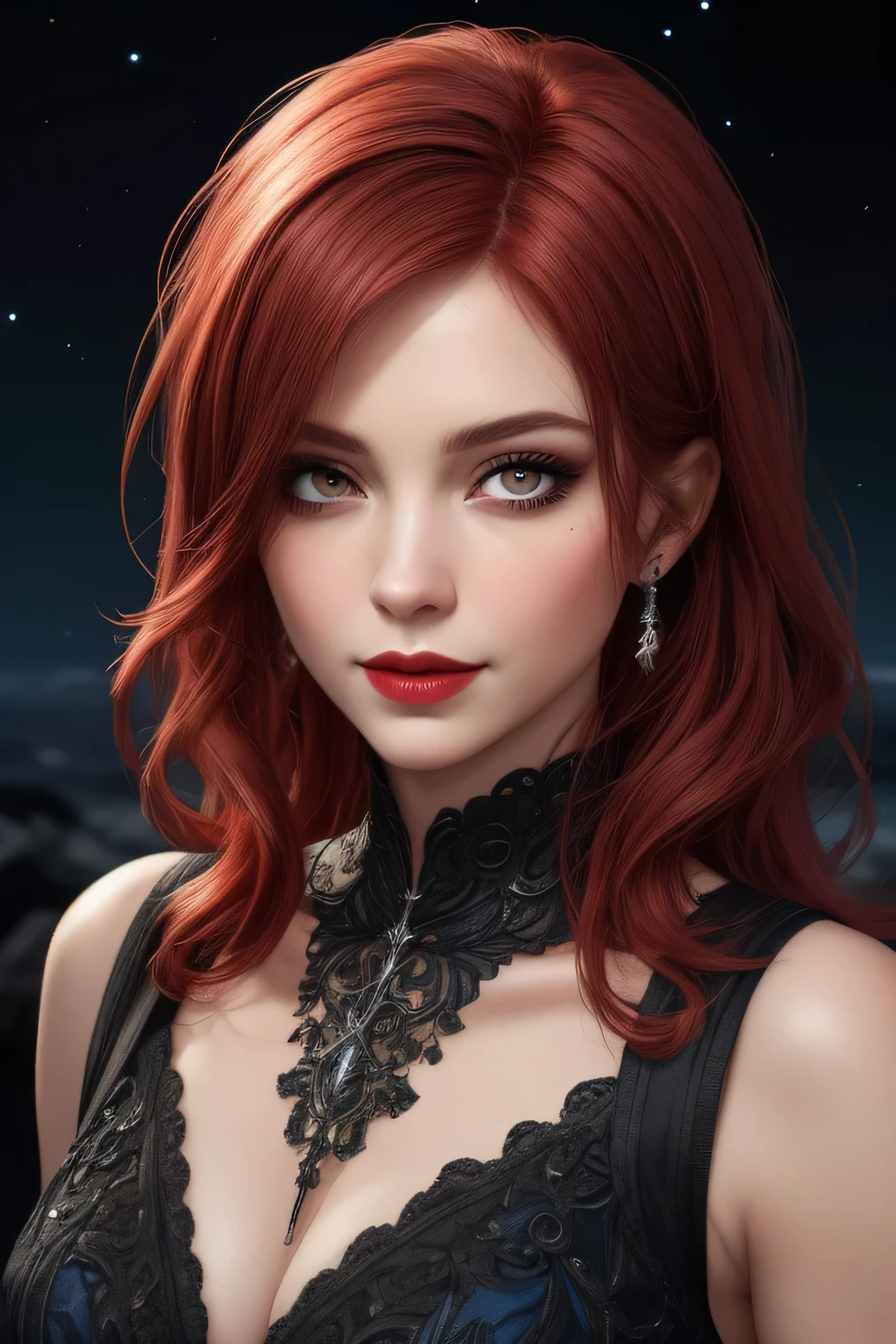 portrait shot, ((vivid red hair)), mature woman, 30 years old, diamond face, medium breast, moonlight, red starry sky background, depth of field, magic, big red lips, ((dark black eyes)) (Detailed beautiful eyes) red long and full dress, covered chest, mystical atmosphere, ominous shadows, Intense blue aura, Intense red aura (best quality:1.2), absurdres, intricate details, (highly detailed skin:1.2), smile expression, posing, taut and well defined body, attractive. Highly realistic, pale skin, beautiful, hyperrealism, skin very elaborated, direct gaze AB JLEE3, Complex facial details for all characters, Expressive eyes and nose and mouth, unzoom, author：Jim Lee Right Section Centered, Key, Visual, Complex, Highly Detailed, Breathtaking, Precise Line Art, Vibrant Panorama Film
