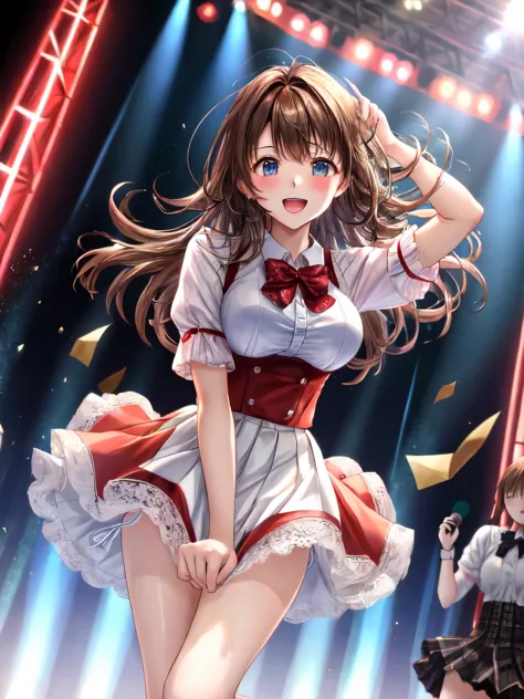 highest quality、All limbs、full finger、Slender beauty、brown hair、Dereste、red, 白とredのアイドル衣装、knee socks、beautiful big breasts、live ...