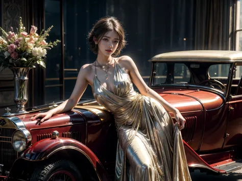 1920s woman leaning on a vintage car, bathed in the soft hues of spring amid a profusion of flowers, adorned in gold jewelry ref...