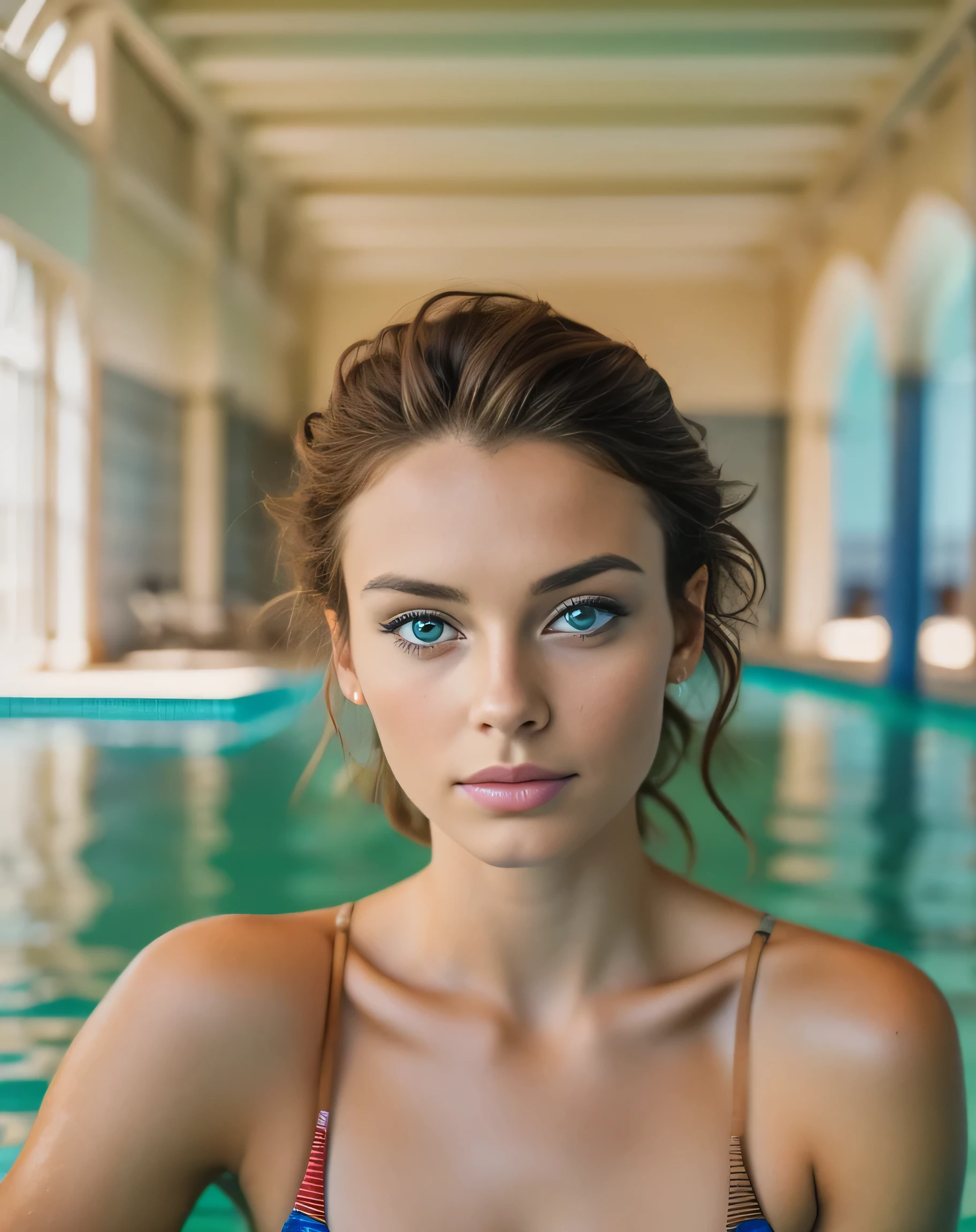 Picture of a French woman. Fit face. 22 years old, Sharp chin, photography, raw photo, masterpiece, extremely detailed photo, DSLR, photorealistic 1.4, ultra hi res, best quality, full body shot, tall, toned, busty, brown hair, shoulder length hair, pink lips, blue eyes, pale skin, at the swimming pool, one piece swimsuit