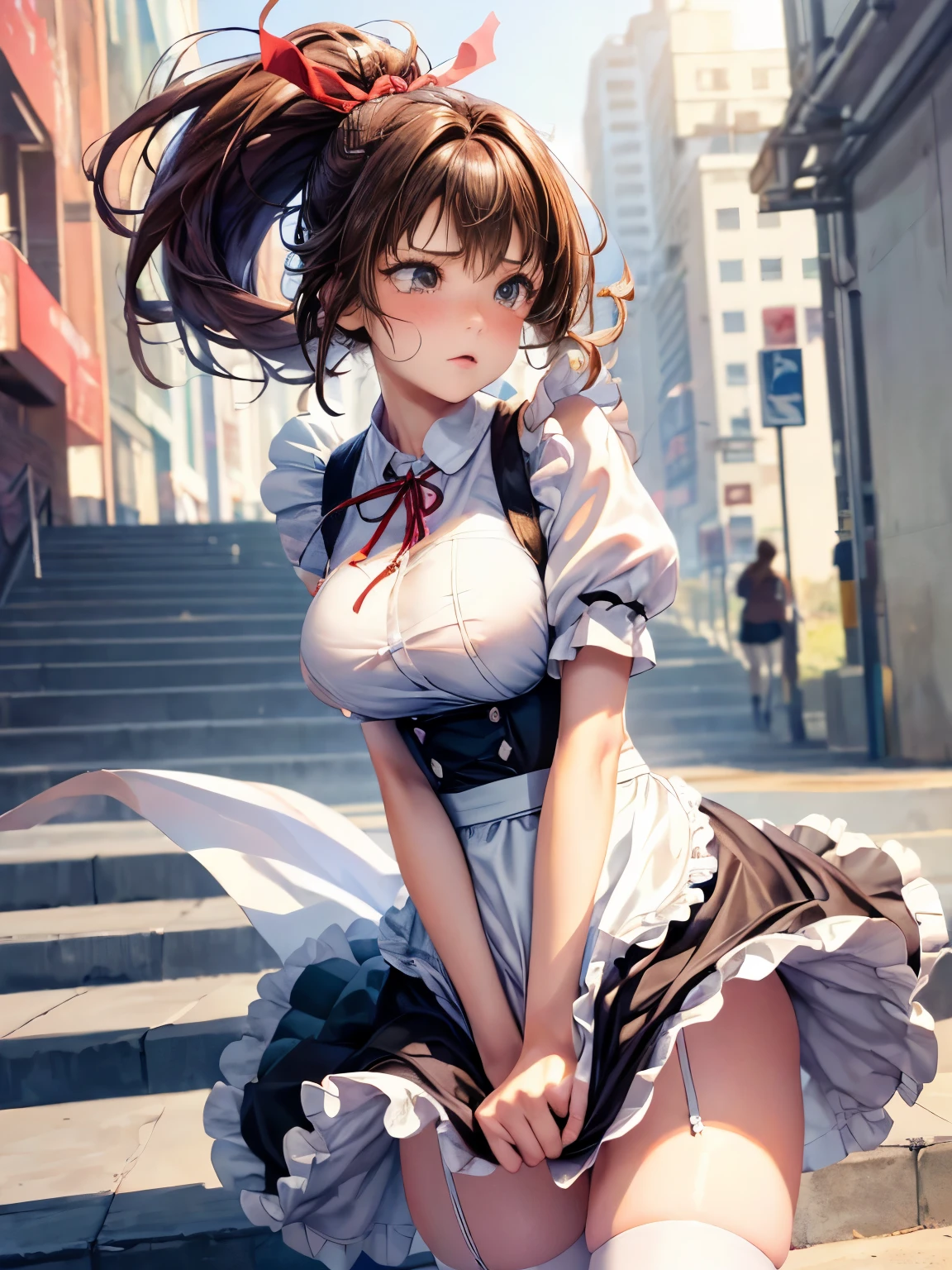 ((highest quality, High resolution, perfect pixel, 4k))), 1 woman, beautiful woman、I could see the whole body、walking down the subway stairs、lots of commuters、 ((ponytail, bangs, brown hair)), ((brown eyes, beautiful eyelashes, realistic eyes)), ((detailed face, blush:1.2))、((Anime CG style)), beautiful and big breasts、perfect body, ((red ribbon, white and black maid outfit, white shirt, White and black apron maid style long skirt)), embarrassed expression, (((The wind blows up my skirt:1.2)))、(white lace satin panties:1.1), garter belt、knee socks、Diagonal side angle, dynamic angle、Naughty Wind、(erect nipples:0.98)
