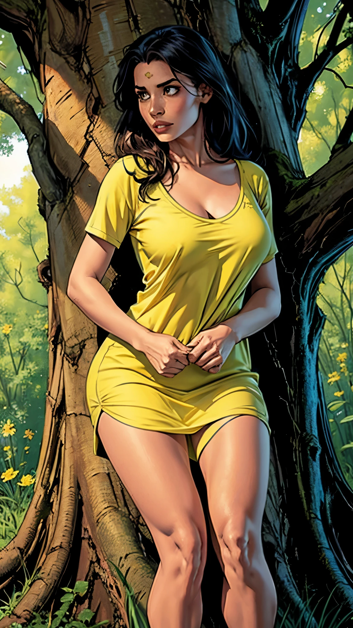 官能的な金髪の女性, ドレス, シャツを持っている, 森のかわいい顔 
