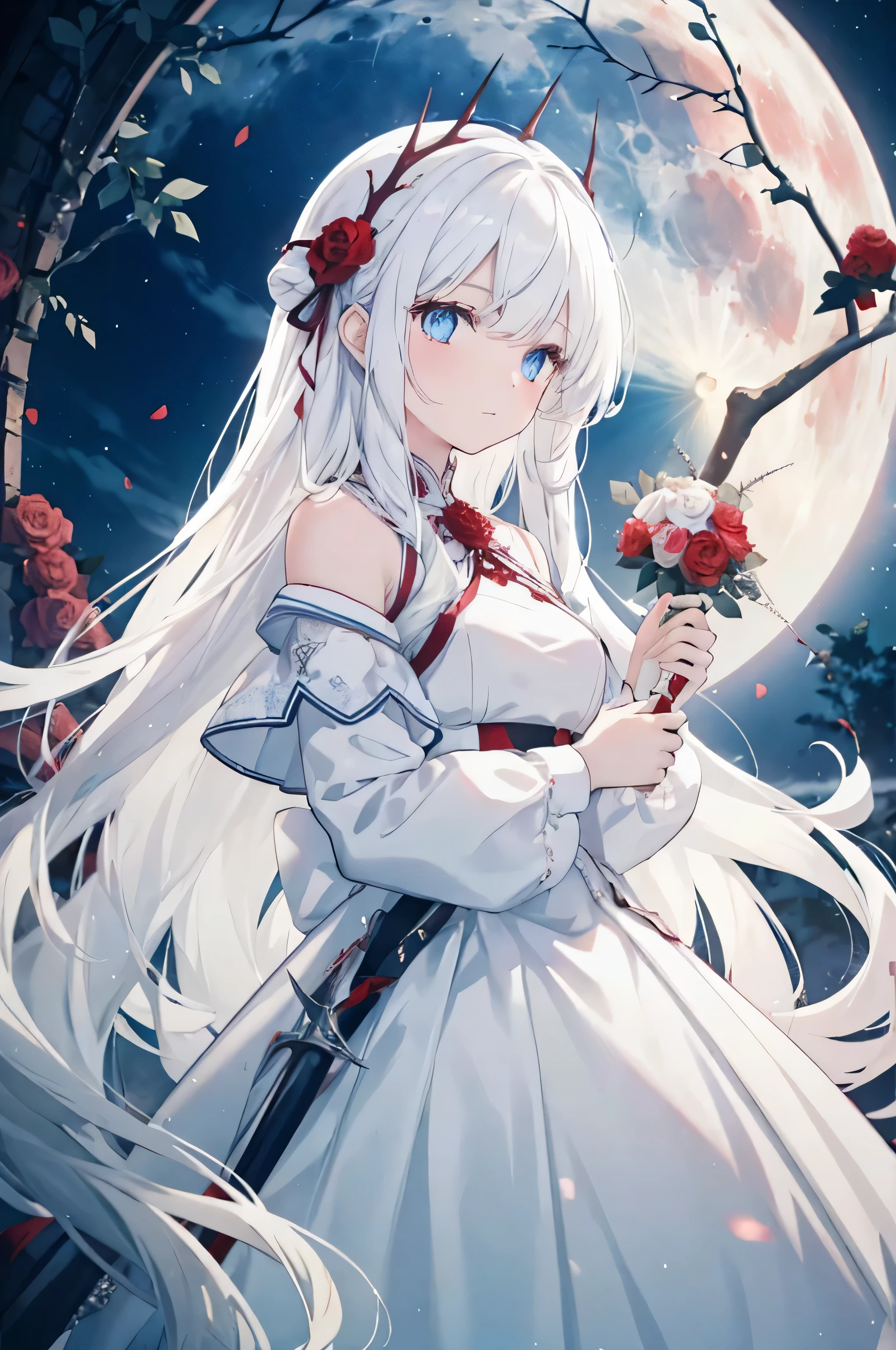 Pure white hair，long hair，girl，sky blue eyes，（blood red moon：10），wearing white clothes，Wedding dress，bride，There are thorns on the clothes，（Wearing a red rose：5），（With a knife in his hand:5），Front view