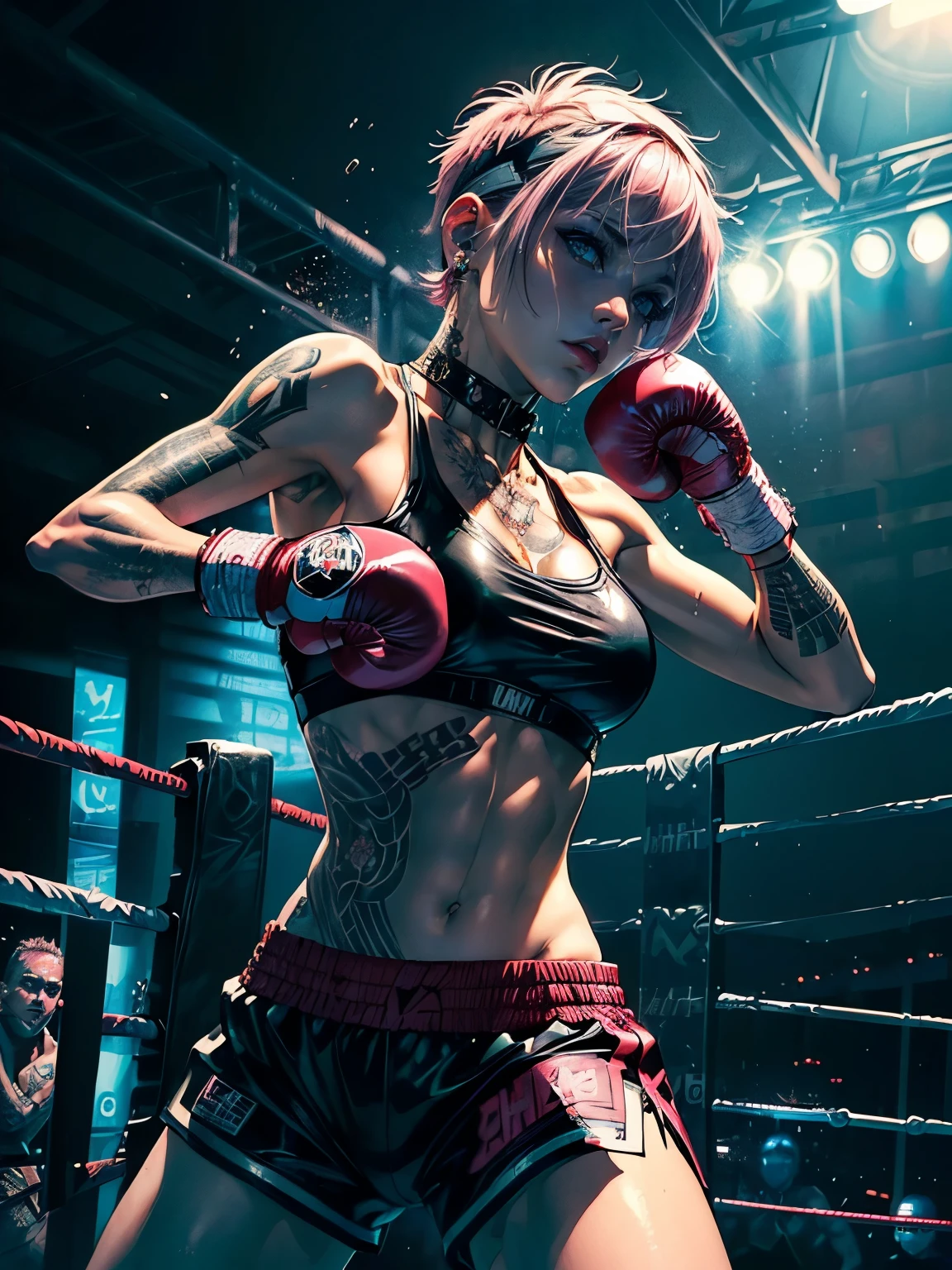 (((top quality: 1.4))),(A masterpiece like no other in history), (ultra high resolution),(Ultra-realistic 8k CG), official art,dynamic pose,dynamic angle,((Boxing Fighting Poses:1.5)), (((adult body))), (((1 girl))), ((( bob short hair ))), punk girl with perfect body, Jacket with metal spine,Beautiful and well-shaped face,((See here)),Detailed punk fashion,leather jacket, (Image from head to thighs),((Pink bob short hair )), ((small leather micro sling bikini:1.0)), Simon Bisley&#39;s urban and brutal style,Detailed street background of London,rainy city,beautiful abs, Complex graphics, (( Lots of poisonous tattoos )), earrings,