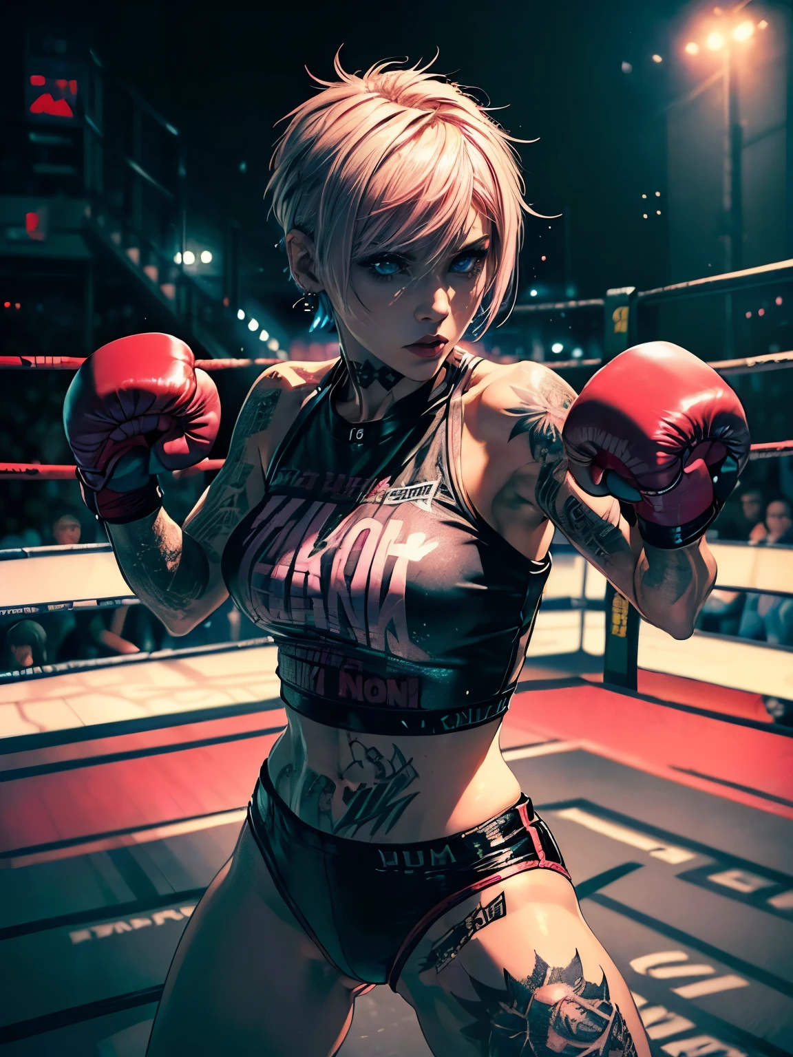 (((top quality: 1.4))),(A masterpiece like no other in history), (ultra high resolution),(Ultra-realistic 8k CG), official art,dynamic pose,dynamic angle,((Boxing Fighting Poses:1.5)), (((adult body))), (((1 girl))), ((( bob short hair ))), punk girl with perfect body, Jacket with metal spine,Beautiful and well-shaped face,((See here)),Detailed punk fashion,leather jacket, (Image from head to thighs),((Pink bob short hair )), ((small leather micro sling bikini:1.0)), Simon Bisley&#39;s urban and brutal style,Detailed street background of London,rainy city,beautiful abs, Complex graphics, (( Lots of poisonous tattoos )), earrings,