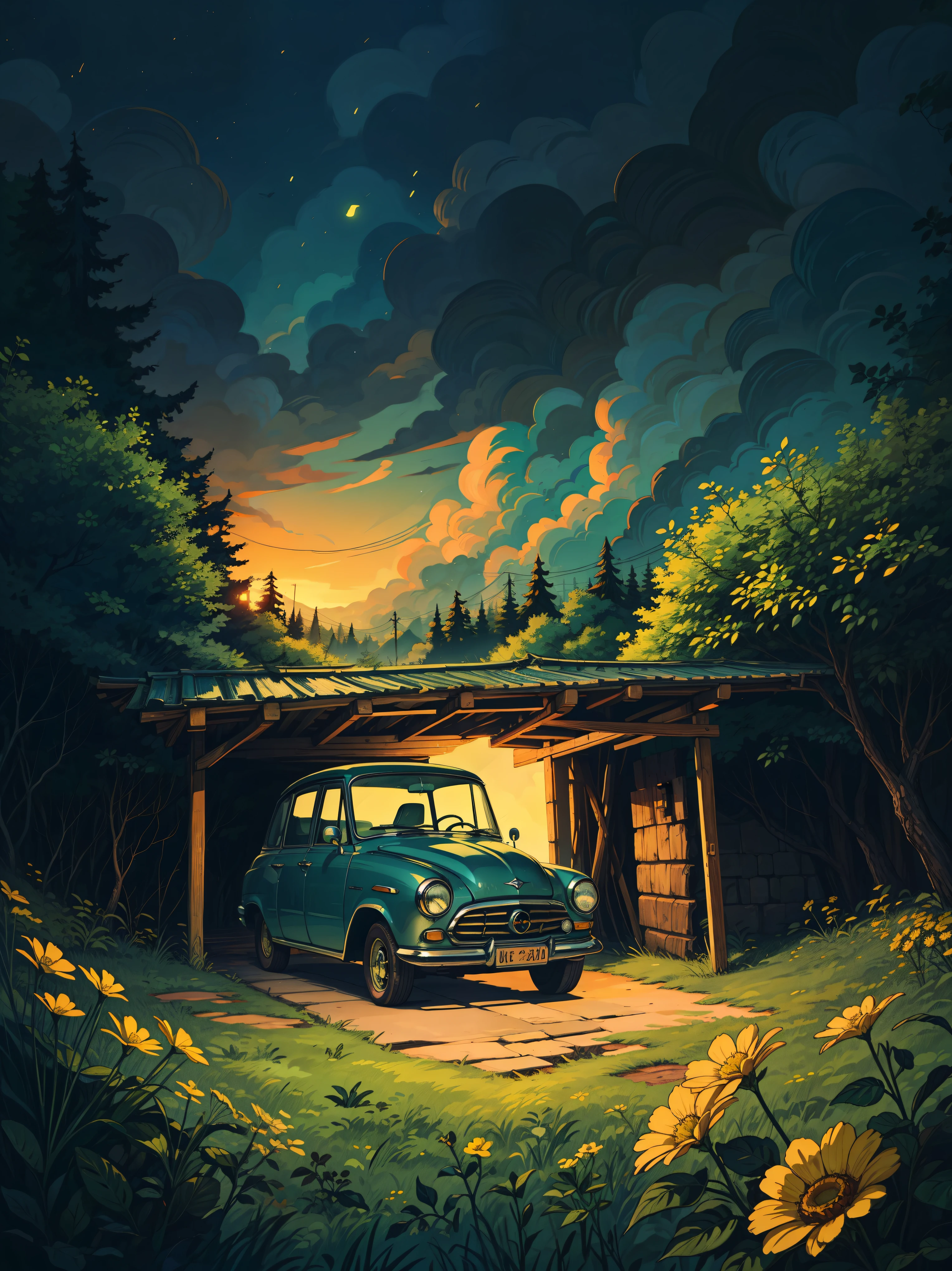 vue de face, une voiture ancienne, garé dans un garage en bois, herbe longue et verte, faible lumière de la lanterne, des buissons, tons verdâtres, fleurs jaunes, entouré d&#39;arbres, belle palette de couleurs, Ciel nuageux et sombre, nature, micro paysage, la nuit, détails intrinsèques, Des tons cinématographiques, palette vibrante