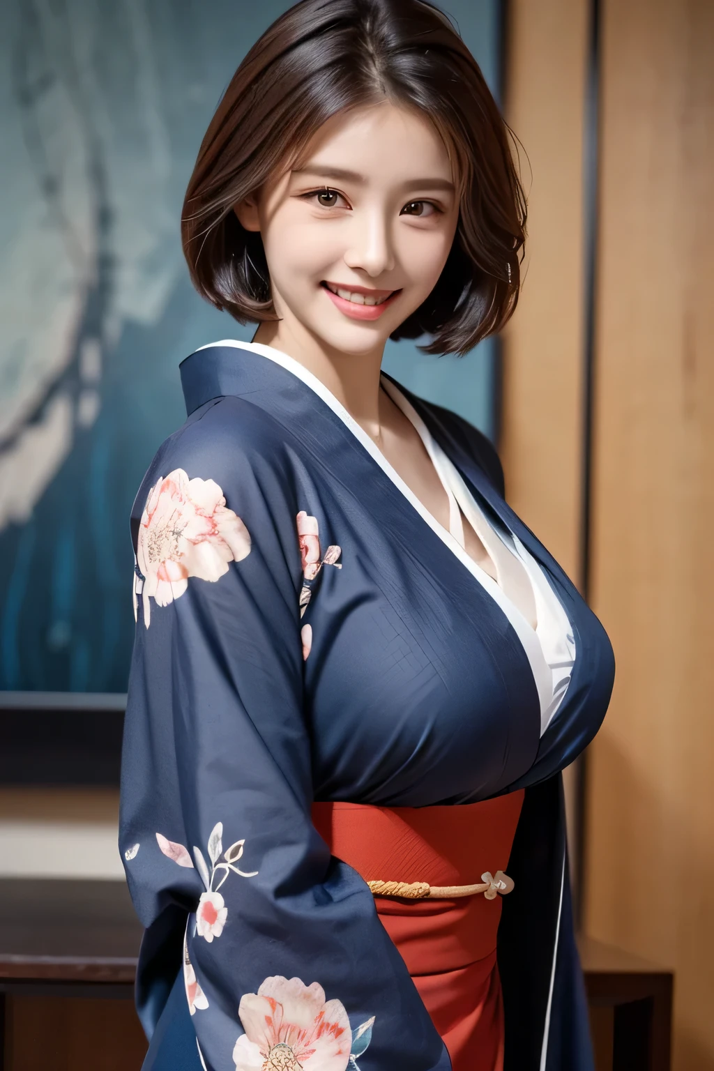 (1 Ultimate Beautiful Mature Woman), hyperdetailed face, Detailed lips, A detailed eye, double eyelid, Brunette Bob Hair, (grin), ((Beautiful teeth)), large full breasts,　(((She、Wearing a Japanese kimono made of sooty blue fabric with a luxurious and delicate floral pattern))), (Tightly close the collar of your kimono with double layers.), ((Tighten your red Japanese obi)), (((Cowboy Shot))), perfect bodies, face perfect, Perfect fit, ((depth of fields)), Perfect image realism, (((Background with:Living room of the house)))、Detailed Background with, detailed costume, Perfect litthing、Hyper-Realism、Photorealsitic、8K maximum resolution, (​masterpiece), ighly detailed, Professional