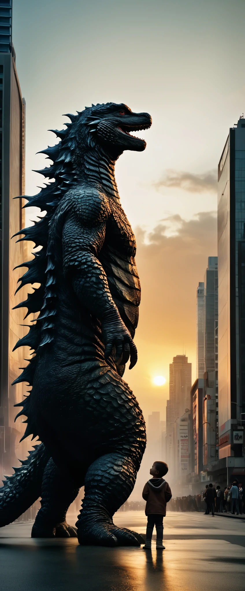 sharp focus at godzilla,perfect proportions,tiny human,skycrapers,sunset,Masterpiece,highest quality,photo,color grading,by lee jeffries,nikon d850,film stock photograph 4,kodak portra 400,f 1.6, rich colors,ultra-realistic,lifelike textures,dramatic lighting,unreal engine,cinestill 800