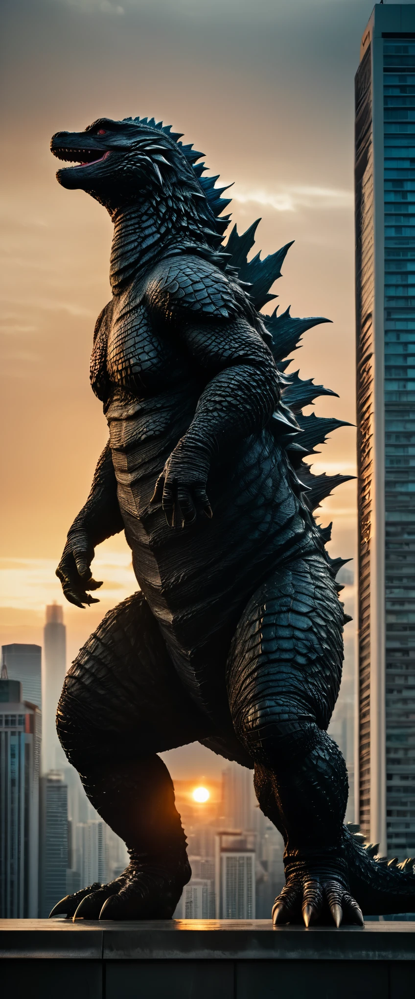 sharp focus at godzilla,perfect proportions,tiny human,skycrapers,sunset,Masterpiece,highest quality,photo,color grading,by lee jeffries,nikon d850,film stock photograph 4,kodak portra 400,f 1.6, rich colors,ultra-realistic,lifelike textures,dramatic lighting,unreal engine,cinestill 800