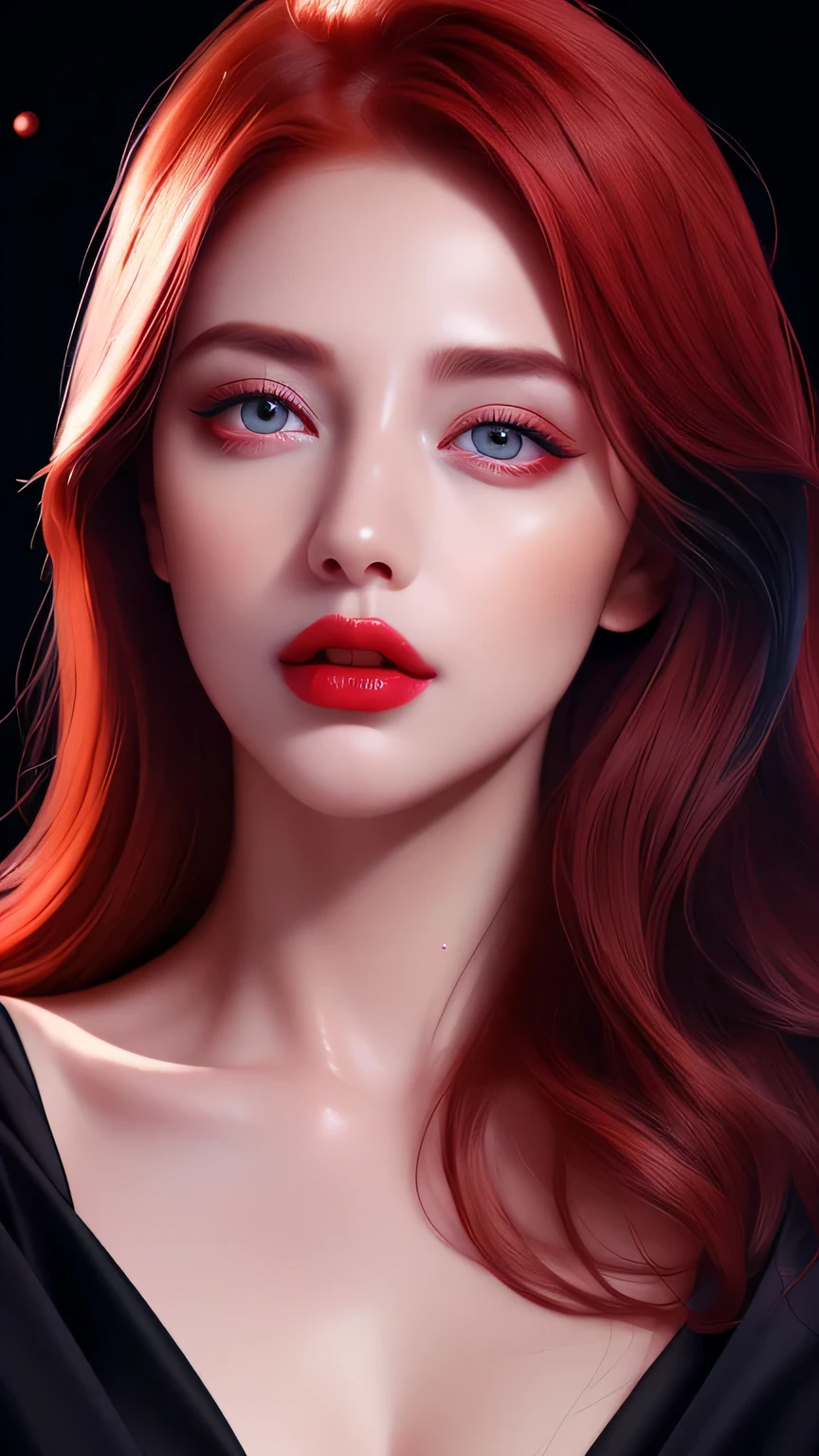 portrait shot, european woman, ((vivid red hair)), mature woman, 30 years old, diamond face, medium breast, moonlight, red starry sky background, depth of field, magic, big red lips, ((dark black eyes)) (Detailed beautiful eyes) red long and full dress, covered chest, mystical atmosphere, ominous shadows, Intense blue aura, Intense red aura (best quality:1.2), absurdres, intricate details, (highly detailed skin:1.2), smile expression, posing, taut and well defined body, attractive. Highly realistic, pale skin, beautiful, hyperrealism, skin very elaborated, direct gaze AB JLEE3, Complex facial details for all characters, Expressive eyes and nose and mouth, unzoom, author：Jim Lee Right Section Centered, Key, Visual, Complex, Highly Detailed, Breathtaking, Precise Line Art, Vibrant Panorama Film
