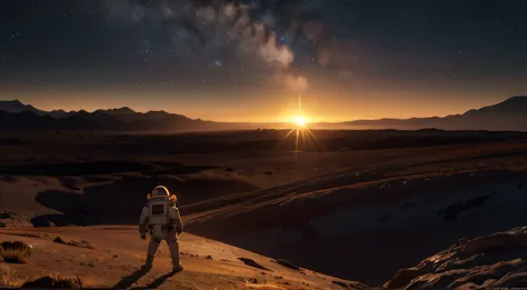 an landscape under the glow of an alien sun, with lava mountains and rocky terrain. small human with space suit, the sky is clea...