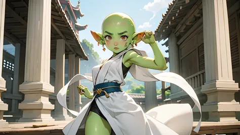 1 girl, solo girl, ((best quality)), ((masterpiece)), (detailed), action pose, monk goblin girl wearing white robes with green s...